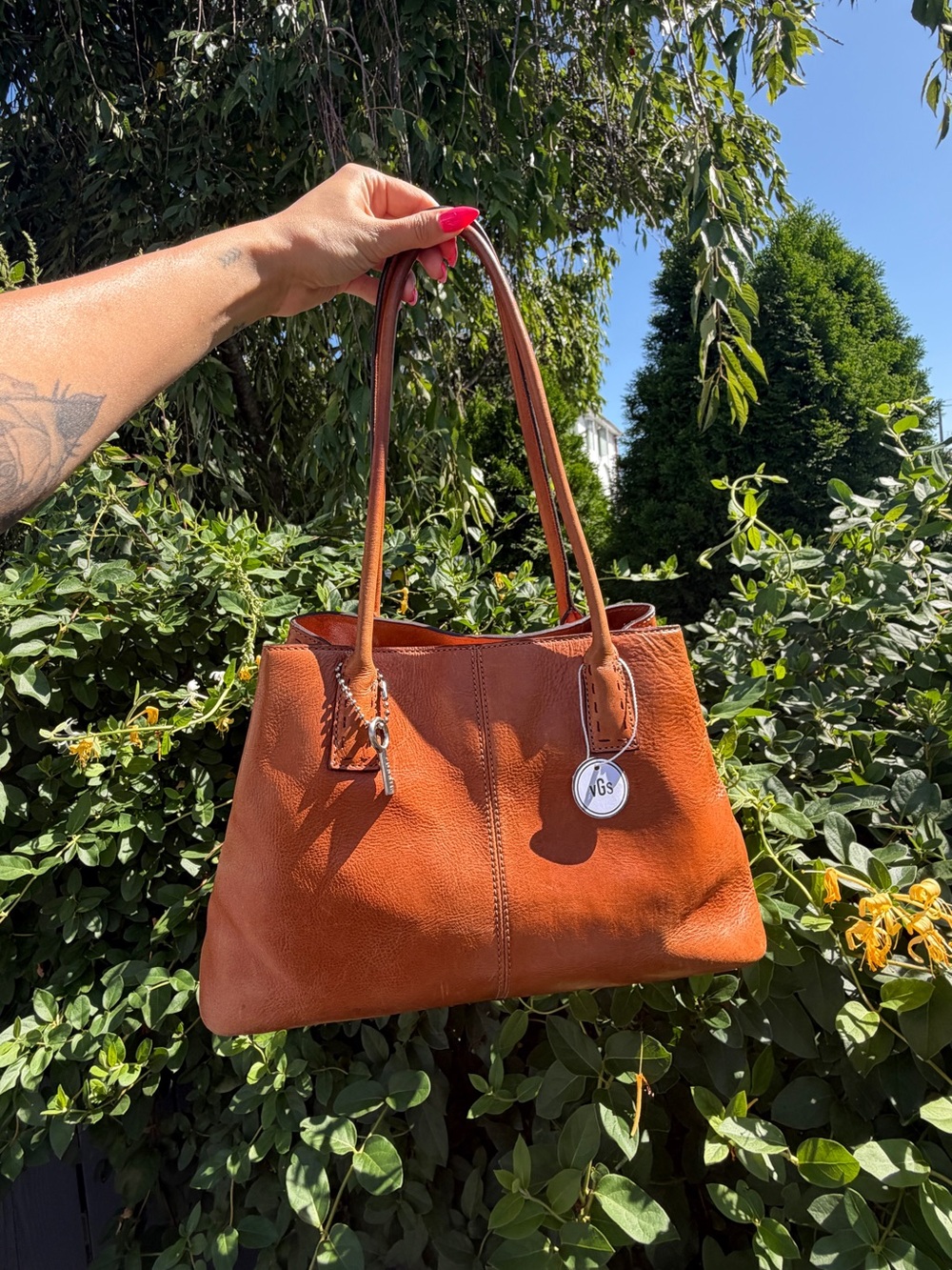 Vintage Fossil Cognac Leather Tote Shoulder Bag Y2K Mid Size Purse